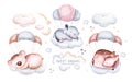 Watercolor elephant animal illustration of a cute baby sheep, lamb, sleeping rabbit and bunny, koala and deer fawn on the moon and