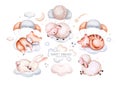 Watercolor elephant animal illustration of a cute baby sheep, lamb, sleeping rabbit and bunny, koala and deer fawn on the moon and