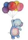 Watercolor elephant with colorful balloons isolated elements on white background Royalty Free Stock Photo