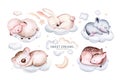 Watercolor elephant hand drawn illustration of a cute baby sheep, lamb, sleeping rabbit and bunny, koala and deer fawn on the moon Royalty Free Stock Photo