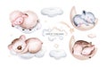 Watercolor elephant hand drawn illustration of a cute baby sheep, lamb, sleeping rabbit and bunny, koala and deer fawn on the moon