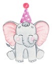 Watercolor elephant in pink party hat isolated on white background