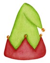 Watercolor elf hat, element of costume for Santa helper isolated on white background. For various Christmas products.