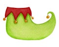 Watercolor elf shoe, element of costume for Santa helper isolated on white background. For various Christmas products.