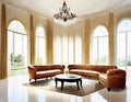 Watercolor of Empty elegant living room with white ed background and marble