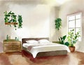 Watercolor of Empty picture frames hang above the bedroom with a spacious and potted