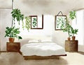 Watercolor of Empty picture frames hang above the bedroom with a spacious and potted