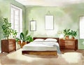 Watercolor of Empty picture frames hang above the bedroom with a spacious and potted