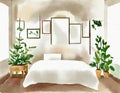 Watercolor of Empty picture frames hang above the bedroom with a spacious and potted