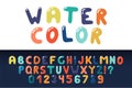 Watercolor english creative alphabet. Vibrant funky font. Colorful latin letters and numerals Royalty Free Stock Photo