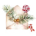 Watercolor envelope with Christmas decor. Hand painted fir branch, barberry, bells, peppermint lollipop isolated on Royalty Free Stock Photo