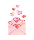 Watercolor envelope with pink heart isolated on white background