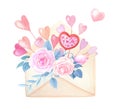 Watercolor Envelope with pink rose,red heart,lollipop on white background.Cute watercolor illustration