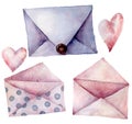 Watercolor envelope set. Hand painted pink, violet and polka dot envelopes isolated on white background. Vintage mail Royalty Free Stock Photo