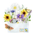 Watercolor envelope with wild floral garden. Wildflowers greenery plants and butterfly. Bright flowers