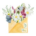 Watercolor envelope with wild floral illustration. Purple flowers, chamomile, greenery branches, twigs, leaves. Wildflowers