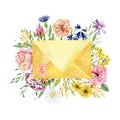 Watercolor envelope with wild flowers and wild greenery plants. ÃÂ¡rocus, buttercup, violets and carnation, cornflower.