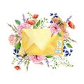 Watercolor envelope with wild flowers and wild plants. Lavander, poppy, buttercup, peony, cornflower. Baterfly