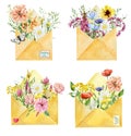 Watercolor envelope with wildflowers set. Meadow flowers. Love message for decoration postcards, banner, shop Royalty Free Stock Photo