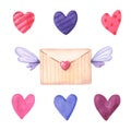 Watercolor envelope with wings and red,pink,purple,violet hearts. Watercolour illustration Royalty Free Stock Photo