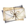 Watercolor envelopes with bow. Hand painted white, beige and blue envelopes isolated on white background. Vintage mail