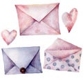 Watercolor envelopes with hearts set. Hand painted violet, pink pink and polka dot envelopes isolated on white
