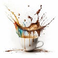 Watercolor espresso cup with splash of milk falling and mixing - Generative AI