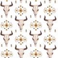 Watercolor ethnic boho seamless pattern of bull cow skull, horns & tribe ornament on bright background