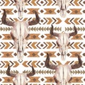 Watercolor ethnic boho seamless pattern of bull cow skull, horns & tribe ornament on white background