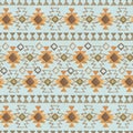 Watercolor ethnic boho seamless pattern of ornament, tribal sign on blue background Royalty Free Stock Photo