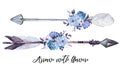 Watercolor ethnic boho set of arrows, feathers and blue flowers Royalty Free Stock Photo