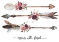 Watercolor ethnic boho set of arrows, feathers and flowers