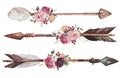 Watercolor ethnic boho set of arrows, feathers and flowers Royalty Free Stock Photo