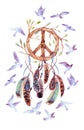 Watercolor ethnic dream catcher and peace sign. Royalty Free Stock Photo