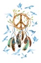 Watercolor ethnic dream catcher and peace sign.