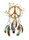 Watercolor ethnic dream catcher and peace sign.