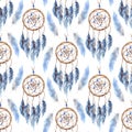 Watercolor ethnic tribal hand made feather dream catcher seamless pattern