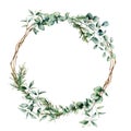 Watercolor eucalyptus branch wreath. Hand painted eucalyptus branch and leaves isolated on white background. Floral Royalty Free Stock Photo