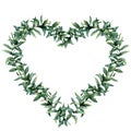 Watercolor eucalyptus heart wreath. Hand painted border with eucalyptus branch and leaves isolated on white background