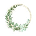 Watercolor eucalyptus wreath with geometric gold element isolated on a white background, hand-drawn.