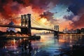 Watercolor evening sunset over the Brooklyn Bridge in New York. Urban landscape. Generative AI