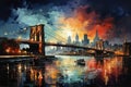 Watercolor evening sunset over the Brooklyn Bridge in New York. Urban landscape. Generative AI