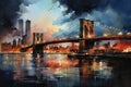 Watercolor evening sunset over the Brooklyn Bridge in New York. Urban landscape. Generative AI