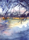 Watercolor evening sunset tree branches river lake landscape