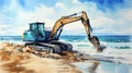 Watercolor Excavator On The Beach: Realistic Seascapes In Vibrant Turquoise