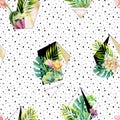 Watercolor exotic abstract terrarium plants seamless pattern. Royalty Free Stock Photo