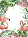 Watercolor exotic big card with flamingo. Hand painted floral illustration with banana and coconut palm leaves and