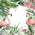 Watercolor exotic card with flamingo. Hand painted floral illustration with banana and coconut palm leaves and branches