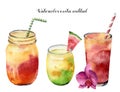 Watercolor exotic cocktails set. Hand painted summer tropical drink isolated on white background. Food illustration. For
