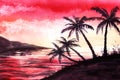 Watercolor exotic landscape of sunset at bay. Beautiful scarlet sky, white fluffy clouds and black silhouettes of palms on coasts Royalty Free Stock Photo